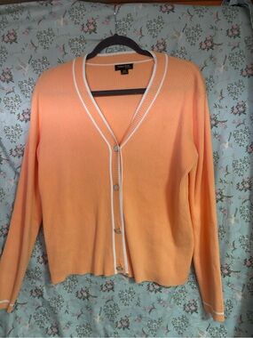 Tommy Rose Peach V-Neck Ribbed Cardigan with White Trim